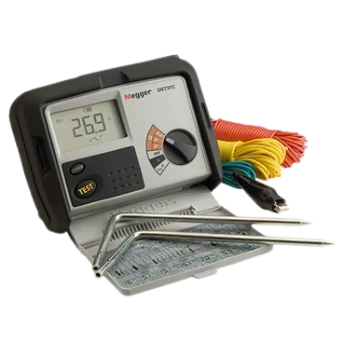 "Megger DET3TD digital earth resistance tester with large LCD display and rotary selector