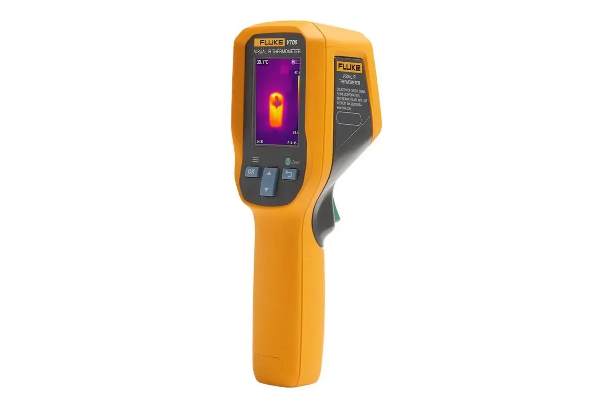 Fluke VT06 Visual IR Thermometer showing thermal image on LCD display