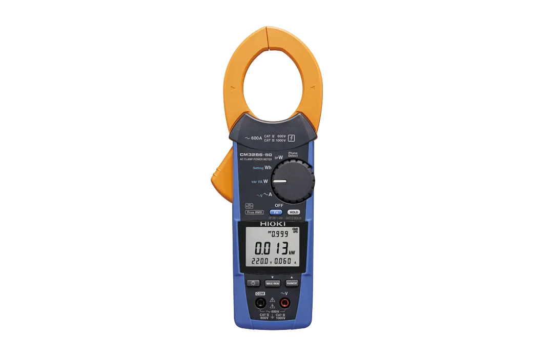 HIOKI CM3286-50 clamp power meter measuring three-phase power on industrial distribution board