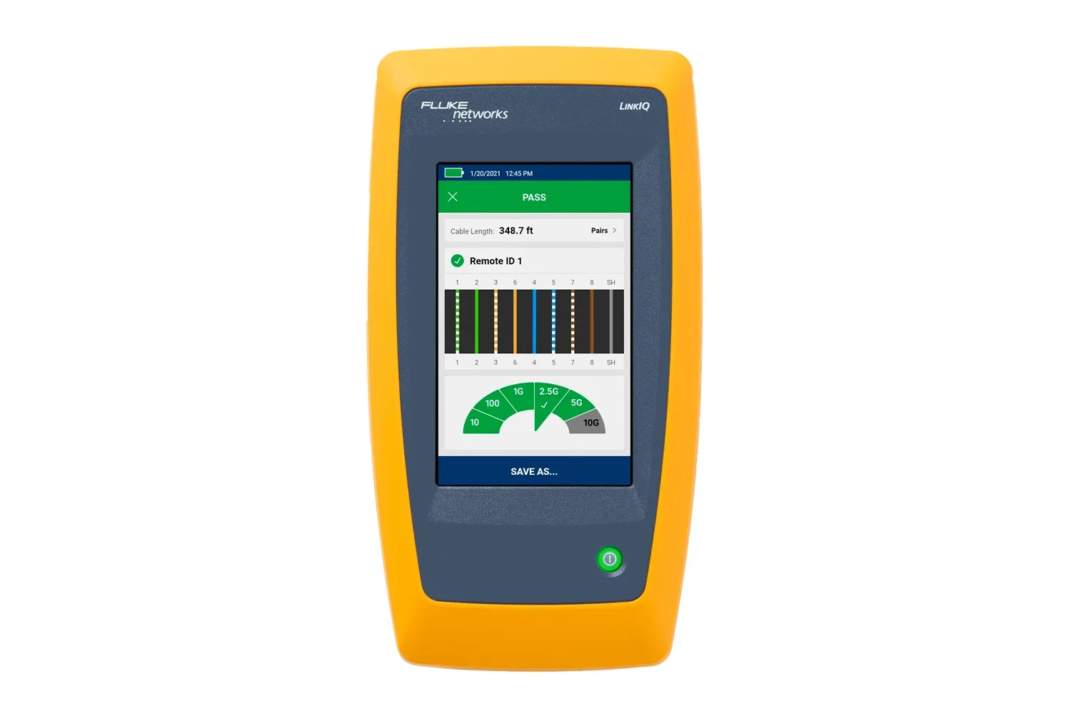 Fluke Networks LinkIQ LIQ-100-IE Industrial Ethernet Tester showing colour touchscreen with cable test results