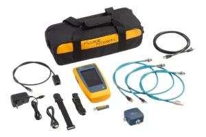 LinkIQ LIQ-100-IE kit contents including tester adapters patch cords and duffle bag
