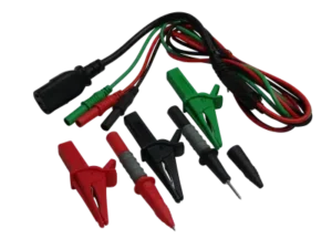 The EFO IEC Test Lead Set comes with Red, Black Probes and also Red, Black and Green Crocodile Clips. Rated to Cat IV 600V