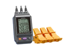Hioki PD3259-50 non-contact phase detector clipped onto insulated three-phase cables