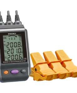 Hioki PD3259-50 non-contact phase detector clipped onto insulated three-phase cables