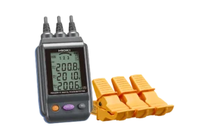 Hioki PD3259-50 non-contact phase detector clipped onto insulated three-phase cables