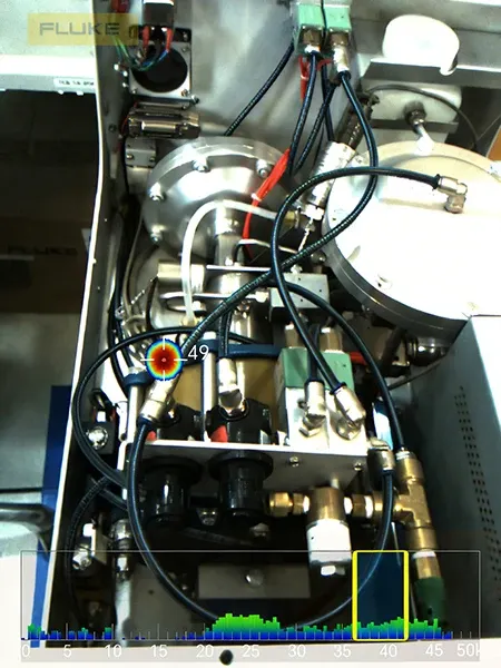 Fluke ii01 acoustic camera showing IronRed SoundMap heat map on injection moulding machine