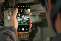 Fluke iSee ii01 acoustic imaging camera plugged into Android smartphone showing SoundMap overlay