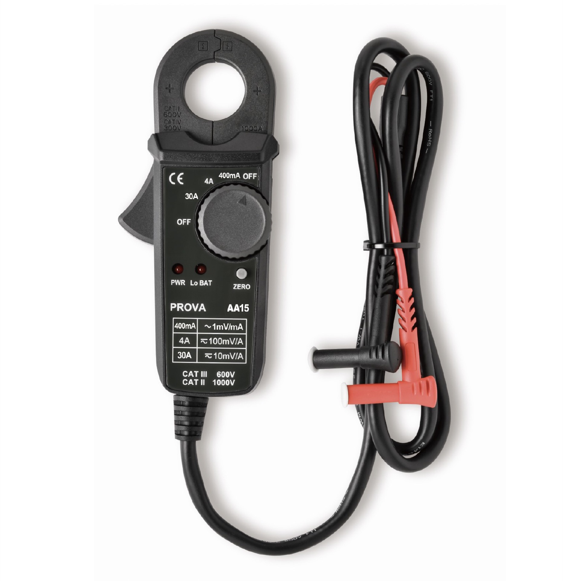 The PROVA AA15 is an AC/DC milliamp current probe that clamp